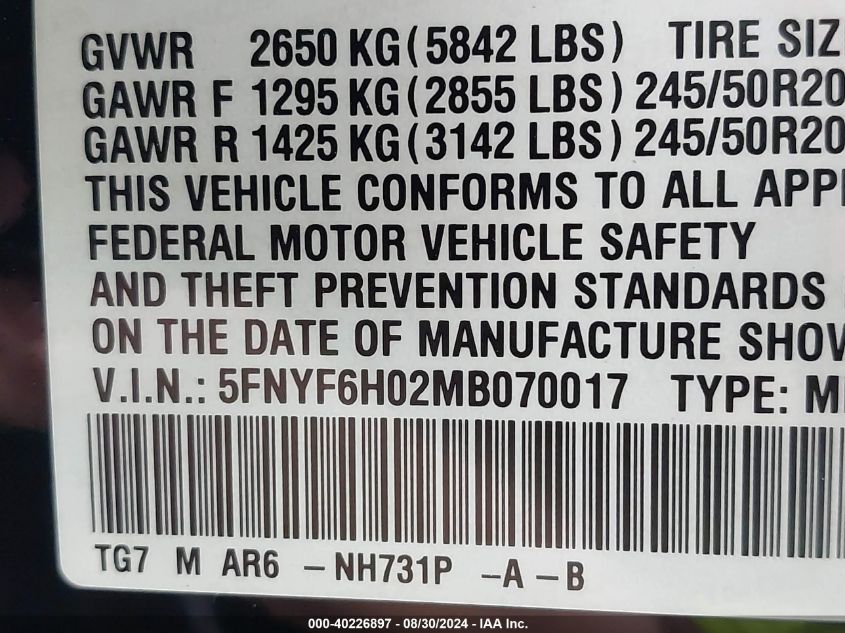 2021 Honda Pilot Awd Elite VIN: 5FNYF6H02MB070017 Lot: 40226897