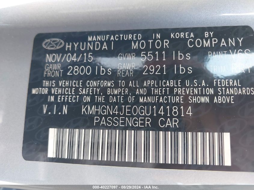 KMHGN4JE0GU141814 2016 Hyundai Genesis 3.8