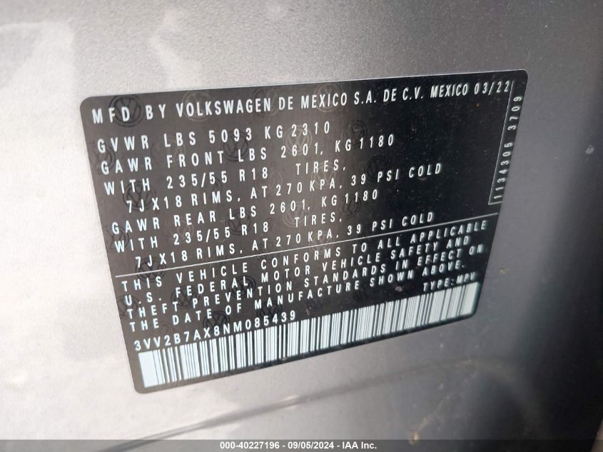 2022 Volkswagen Tiguan VIN: 3VV2439B7AX8NM085 Lot: 40227196