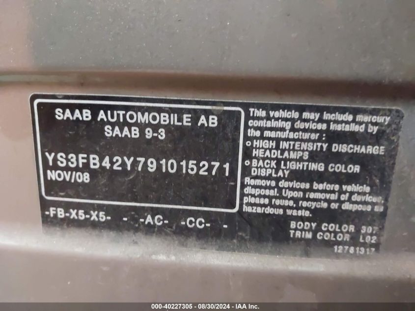 YS3FB42Y791015271 2009 Saab 9-3 2.0T