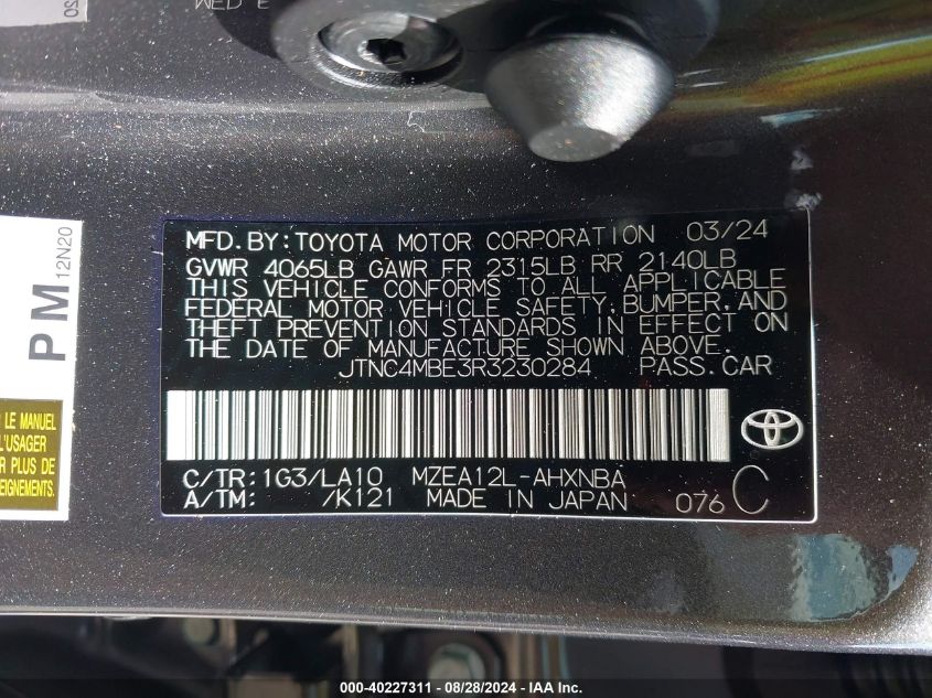 2024 Toyota Corolla Xse VIN: JTNC4MBE3R3230284 Lot: 40227311