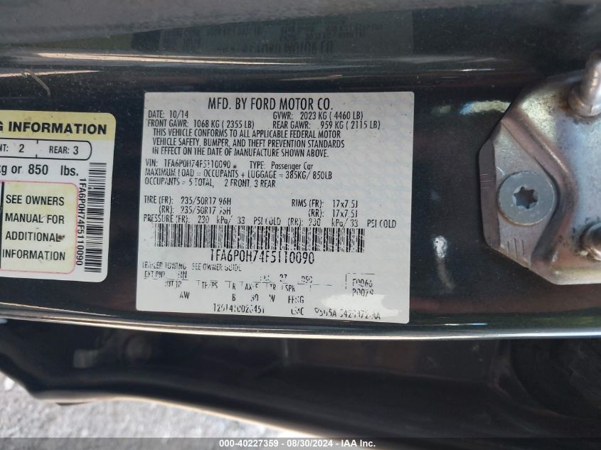 2015 FORD FUSION VIN: 1FA6P0H74F5110090