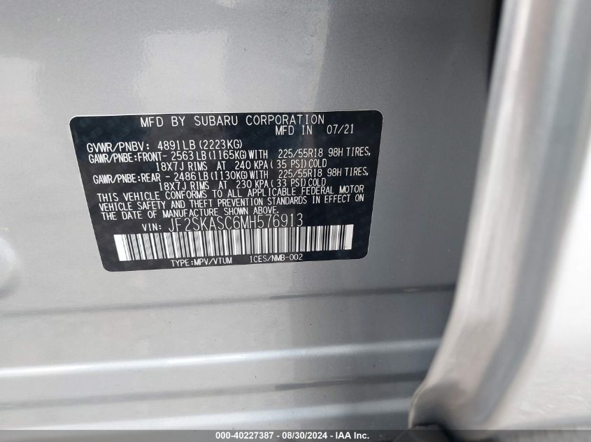 2021 Subaru Forester Limited VIN: JF2SKASC6MH576913 Lot: 40227387