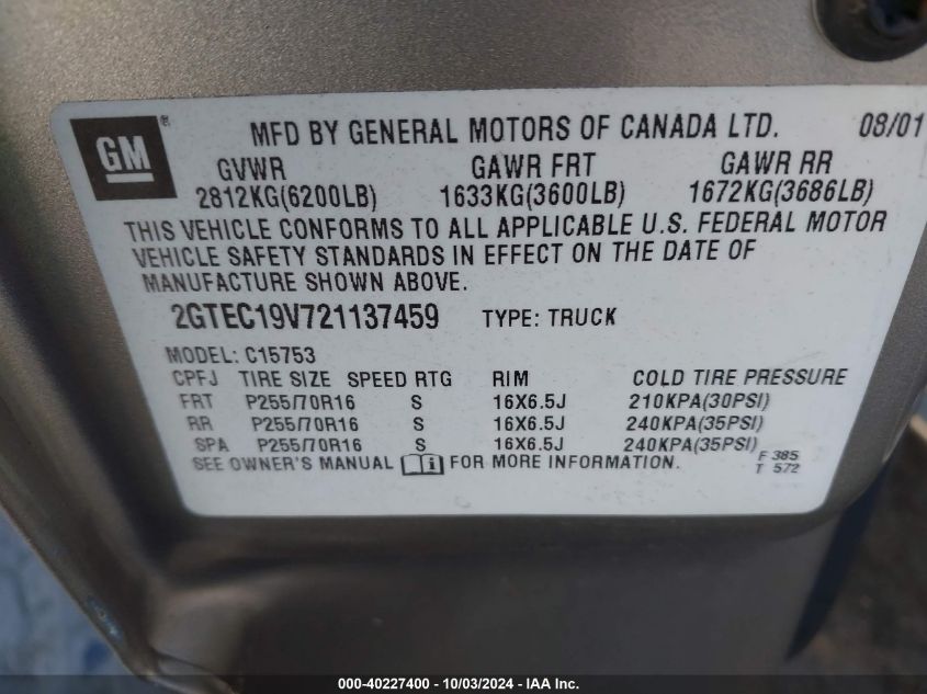 2GTEC19V721137459 2002 GMC Sierra 1500 Sle