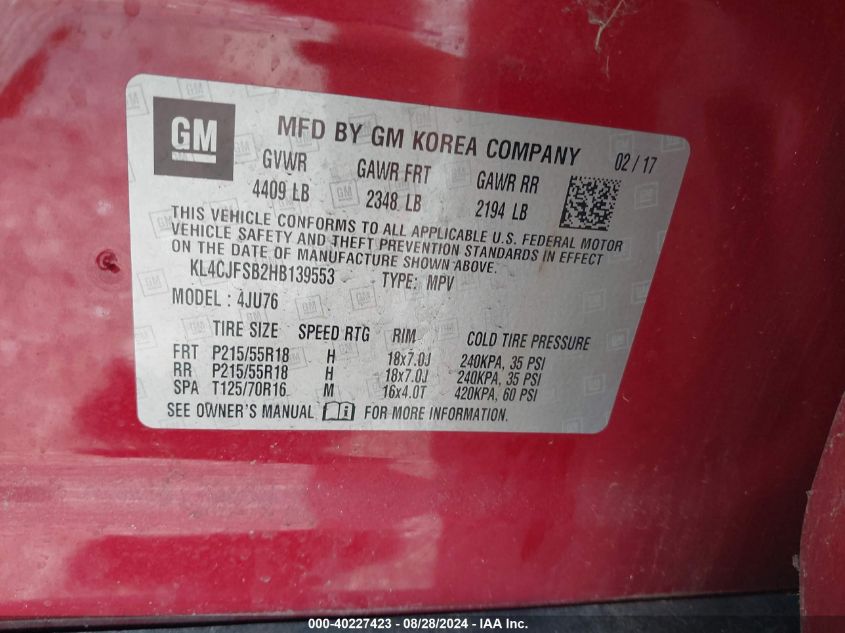 2017 Buick Encore Preferred Ii VIN: KL4CJFSB2HB139553 Lot: 40227423