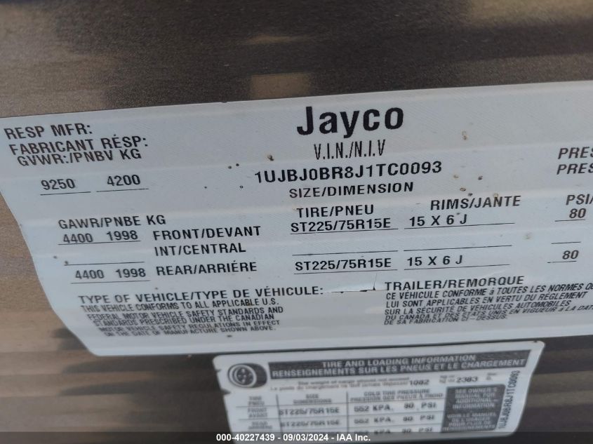 2018 Jayco Jayflight M-28Bhbe VIN: 1UJBJ0BR8J1TC0093 Lot: 40227439