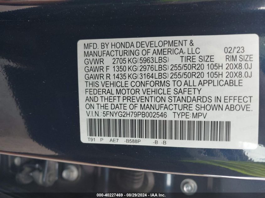 2023 Honda Pilot 2Wd Touring VIN: 5FNYG2H79PB002546 Lot: 40227469