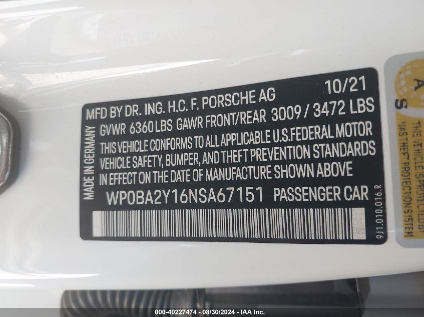 2022 Porsche Taycan Cross Turismo 4 VIN: WP0BA2Y16NSA67151 Lot: 40227474