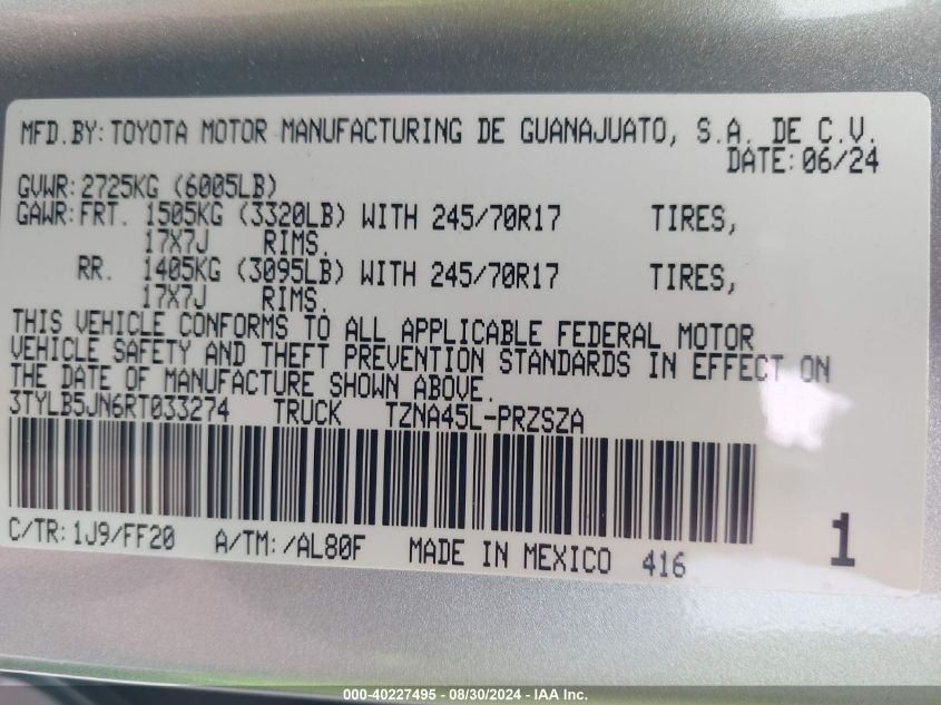 2024 Toyota Tacoma Sr5 VIN: 3TYLB5JN6RT033274 Lot: 40227495