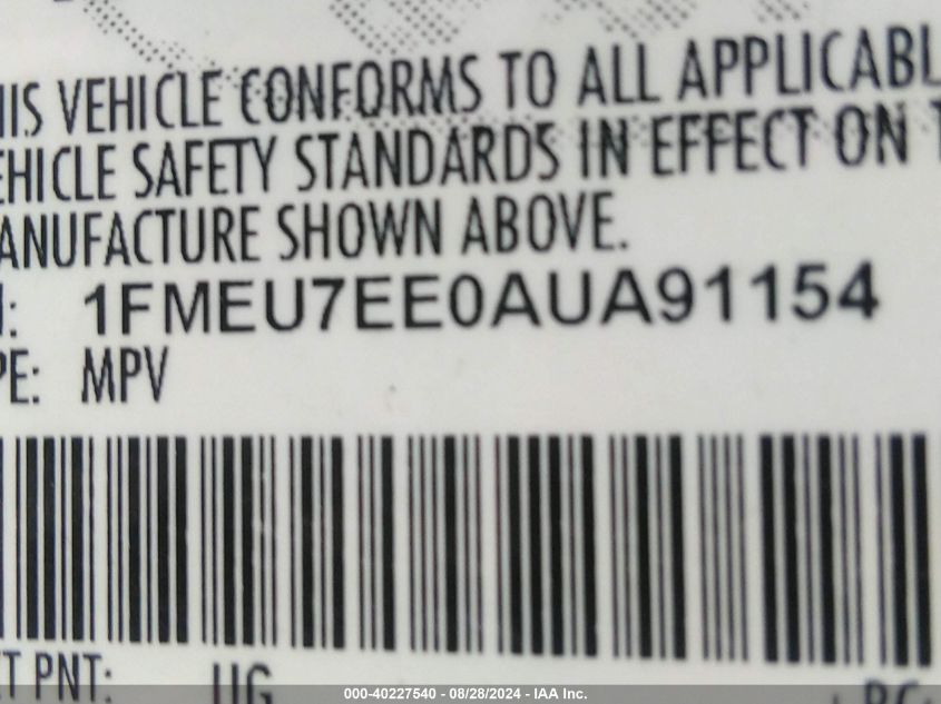 2010 Ford Explorer Eddie Bauer VIN: 1FMEU7EE0AUA91154 Lot: 40227540