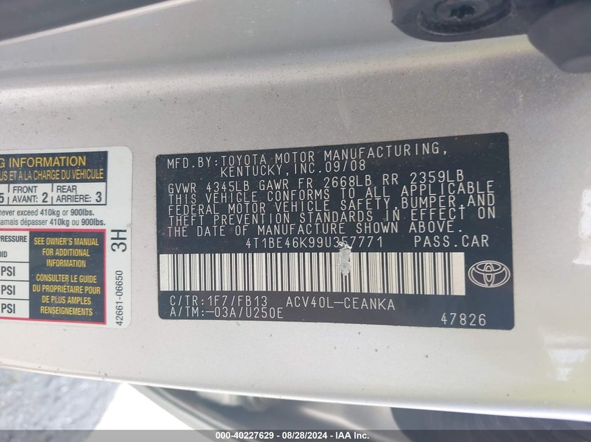 2009 Toyota Camry Le VIN: 4T1BE46K99U357771 Lot: 40227629
