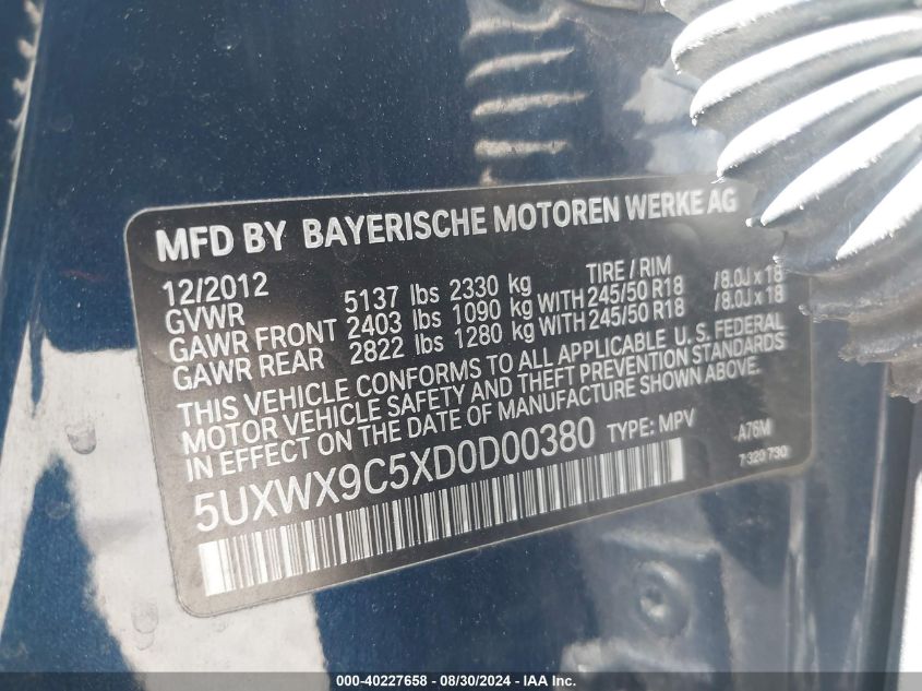 5UXWX9C5XD0D00380 2013 BMW X3 xDrive28I