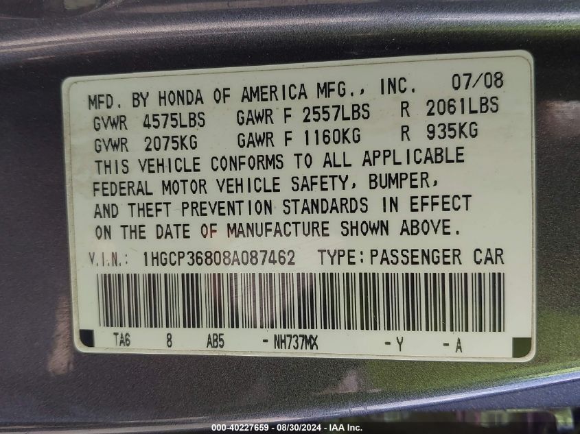 2008 Honda Accord 3.5 Ex-L VIN: 1HGCP36808A087462 Lot: 40227659