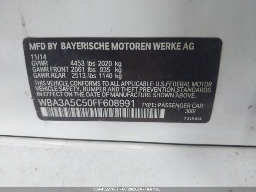 2015 BMW 328I VIN: WBA3A5C50FF608991 Lot: 40227687