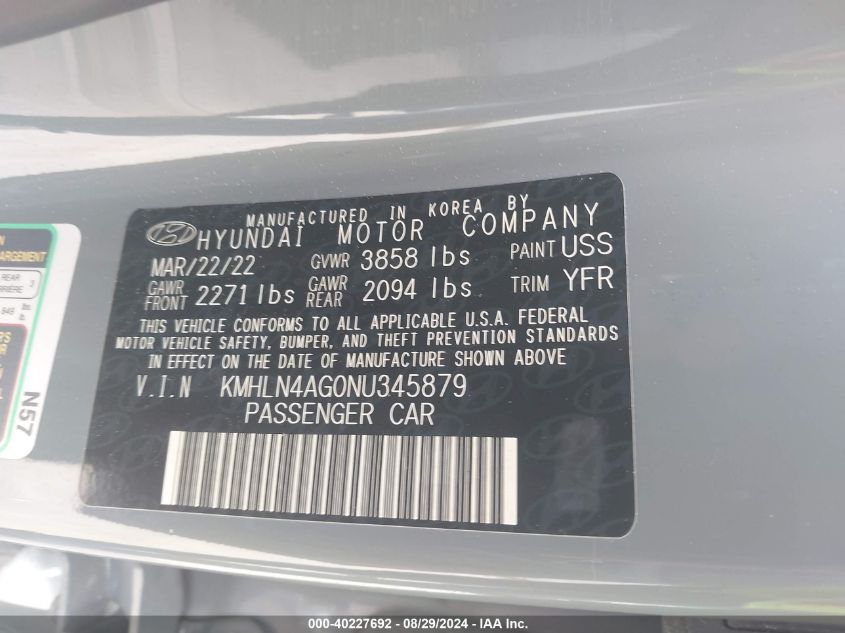 2022 Hyundai Elantra Sel VIN: KMHLN4AG0NU345879 Lot: 40227692