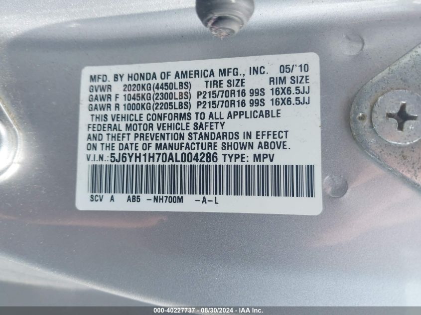 2010 Honda Element Ex VIN: 5J6YH1H70AL004286 Lot: 40227737