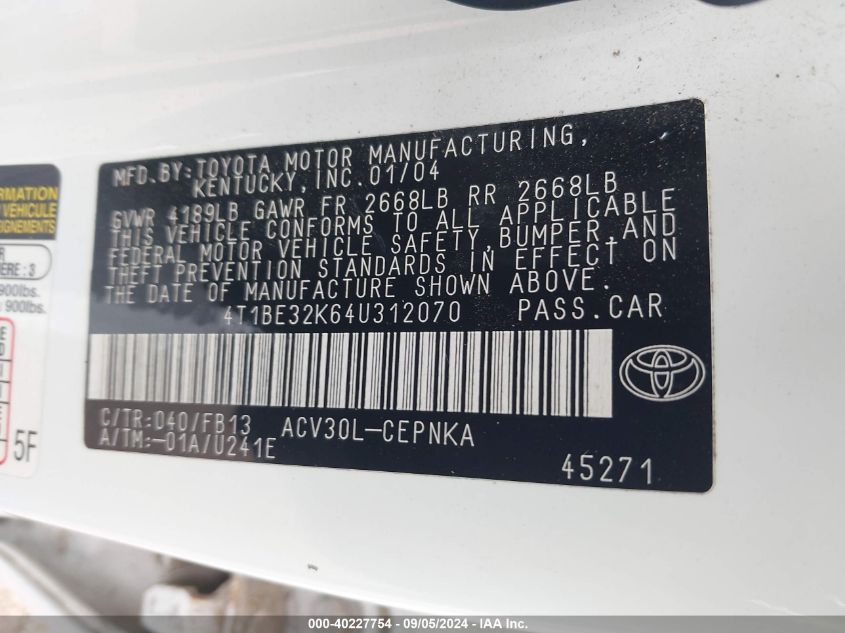 4T1BE32K64U312070 2004 Toyota Camry Le/Xle/Se