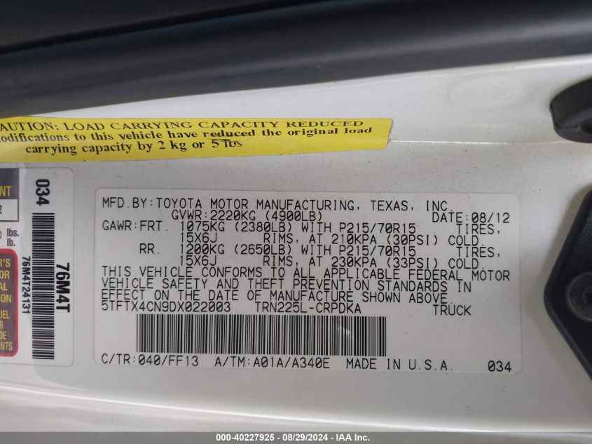 2013 Toyota Tacoma VIN: 5TFTX4CN9DX022003 Lot: 40227925