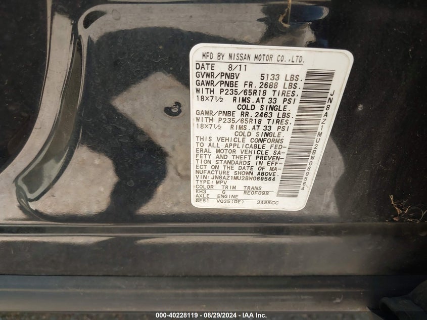 2011 Nissan Murano Sv VIN: JN8AZ1MU2BW069564 Lot: 40228119