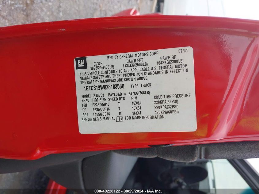 2002 GMC Sonoma Sls VIN: 1GTCS19W828103580 Lot: 40228122
