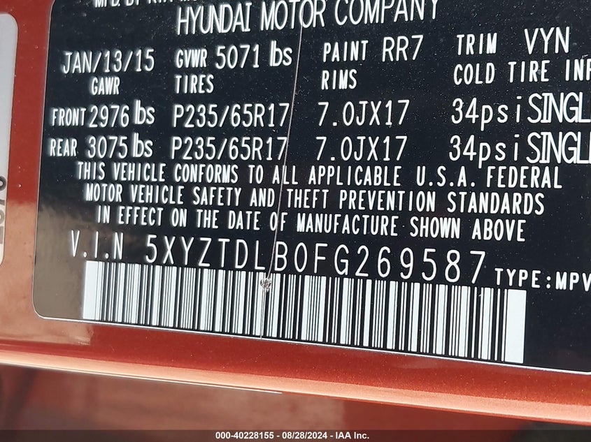 2015 Hyundai Santa Fe Sport 2.4L VIN: 5XYZTDLB0FG269587 Lot: 40228155