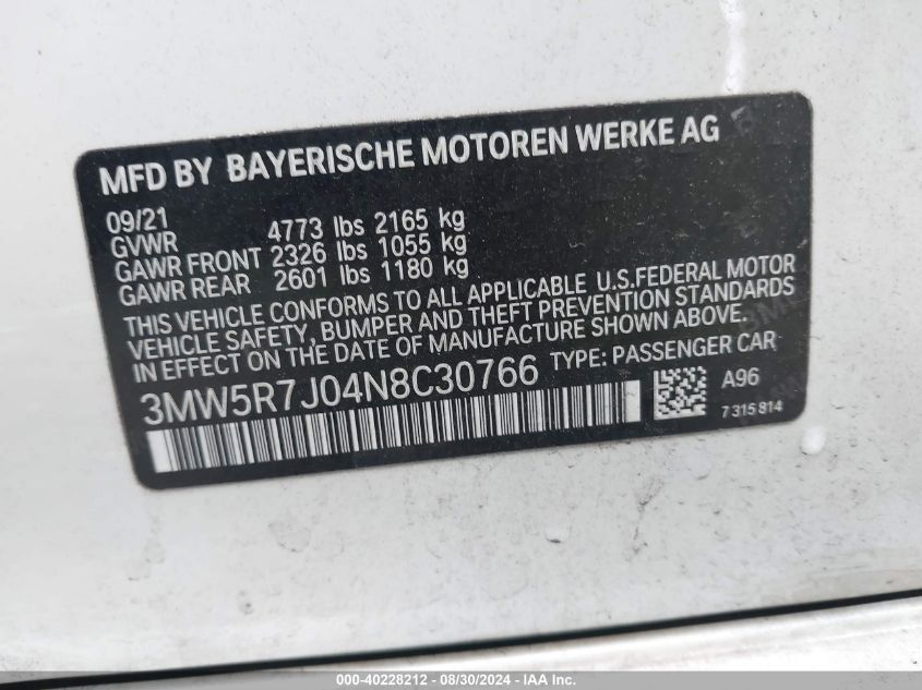 2022 BMW 330I xDrive VIN: 3MW5R7J04N8C30766 Lot: 40228212