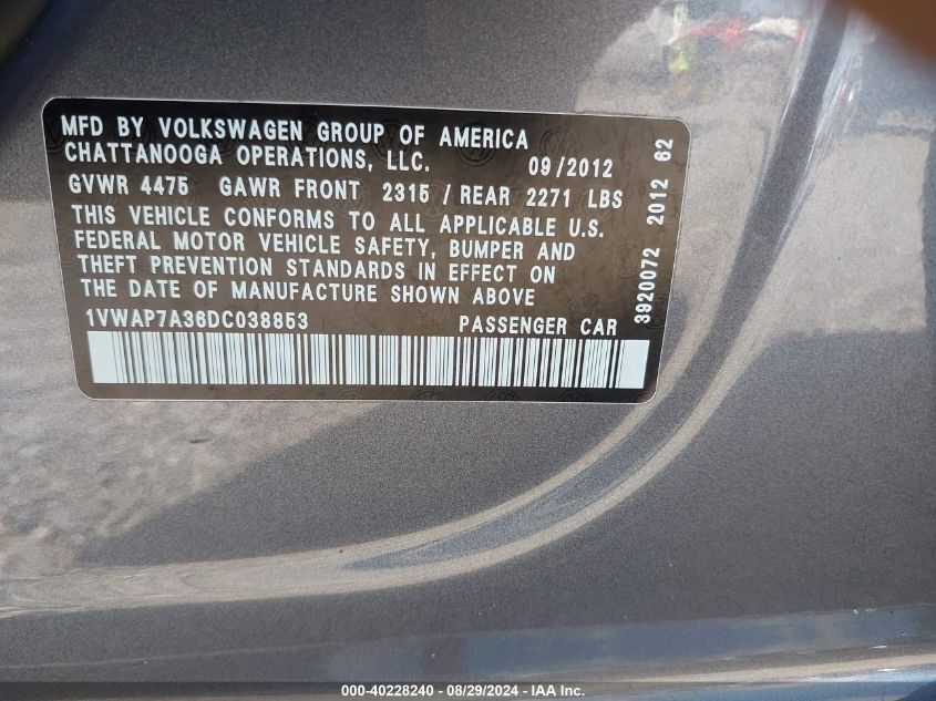 1VWAP7A36DC038853 2013 Volkswagen Passat 2.5L S