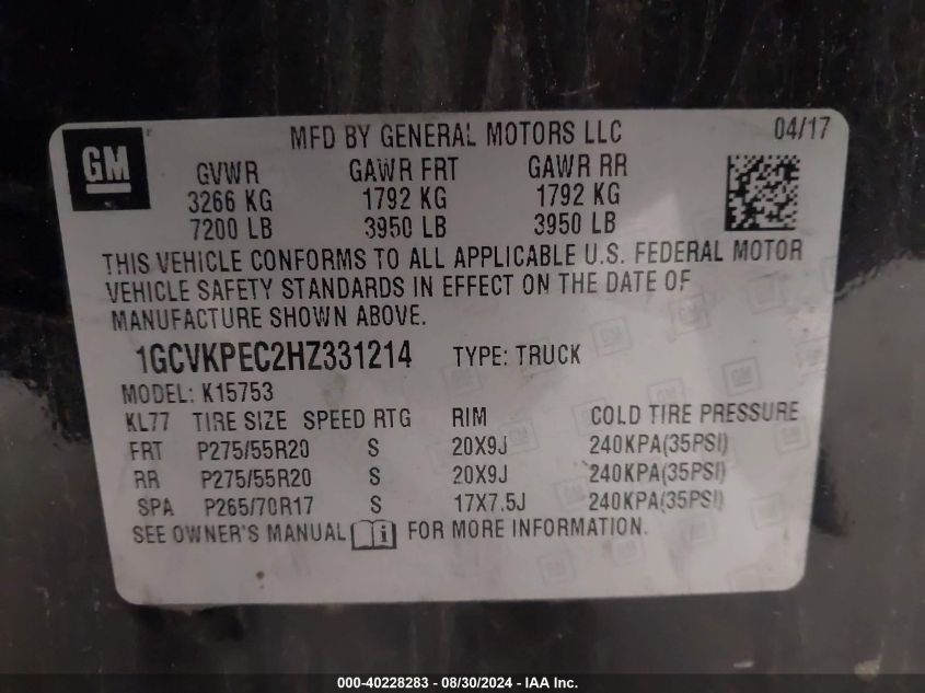 1GCVKPEC2HZ331214 2017 Chevrolet Silverado 1500 Custom