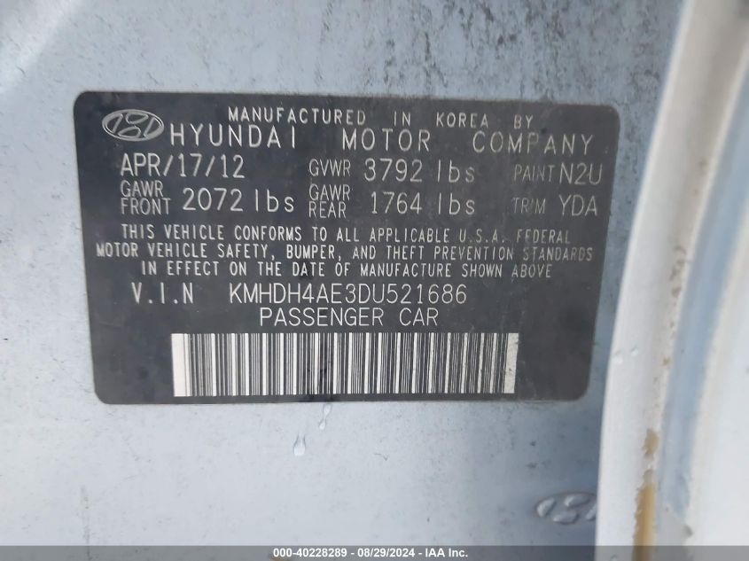 2013 Hyundai Elantra Gls VIN: KMHDH4AE3DU521686 Lot: 40228289