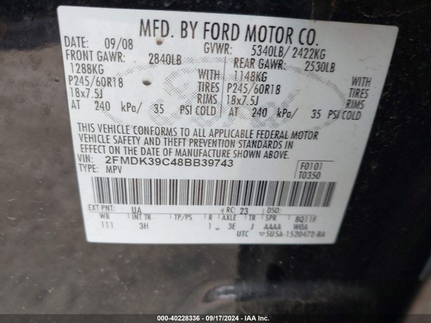 2008 Ford Edge Limited VIN: 2FMDK39C48BB39743 Lot: 40228336