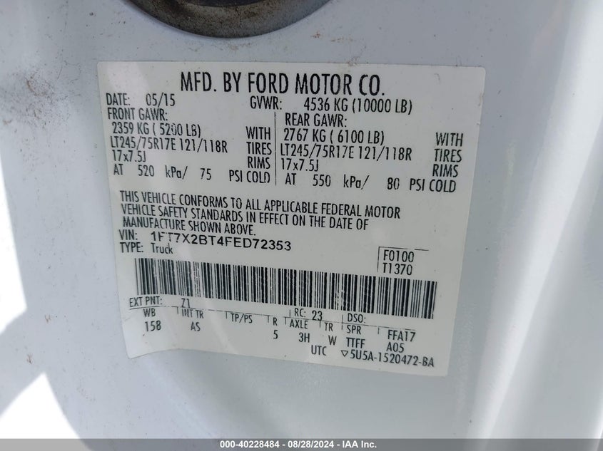 2015 Ford F-250 Xl VIN: 1FT7X2BT4FED72353 Lot: 40228484