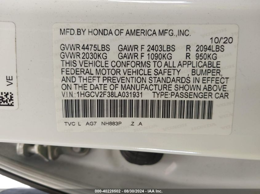 VIN 1HGCV2F38LA031931 2020 HONDA ACCORD SPORT 2.0T