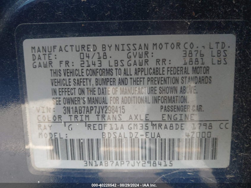 2018 Nissan Sentra Sv VIN: 3N1AB7AP7JY298415 Lot: 40228542