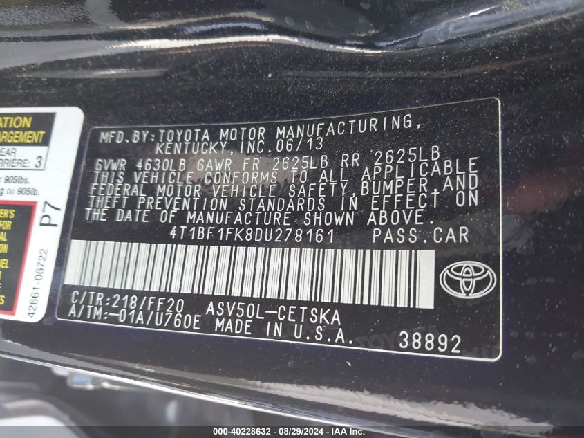 2013 Toyota Camry Se VIN: 4T1BF1FK8DU278161 Lot: 40228632