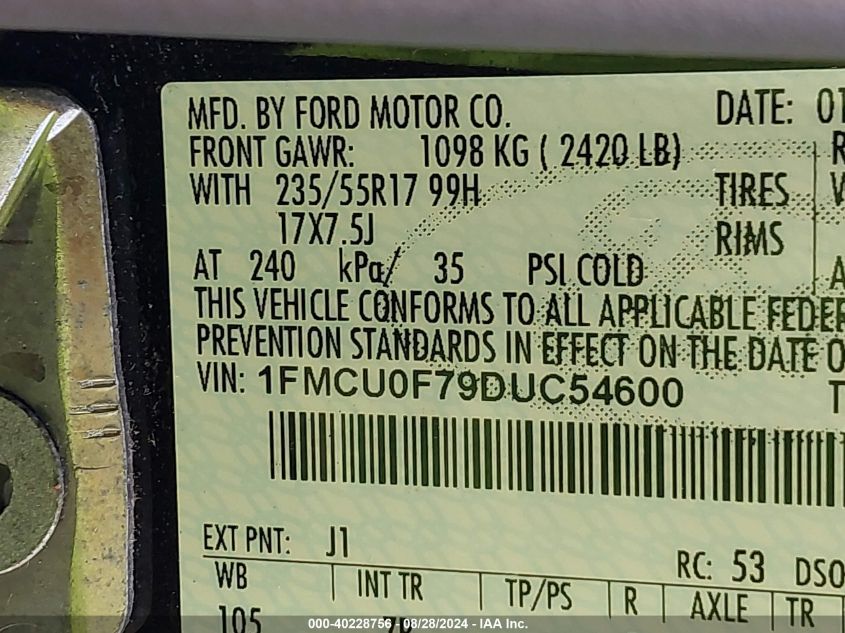 2013 Ford Escape S VIN: 1FMCU0F79DUC54600 Lot: 40228756