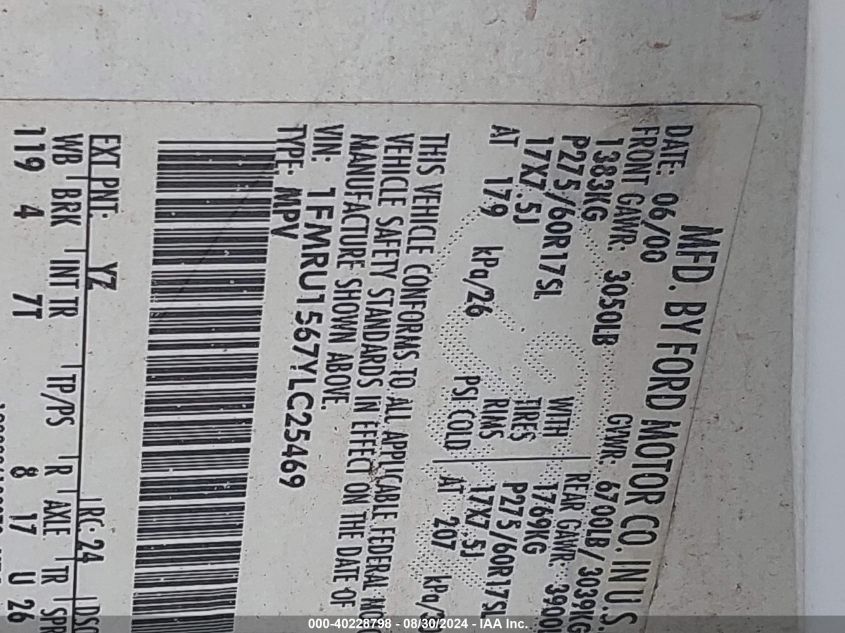 2000 Ford Expedition Xlt VIN: 1FMRU1567YLC25469 Lot: 40228798