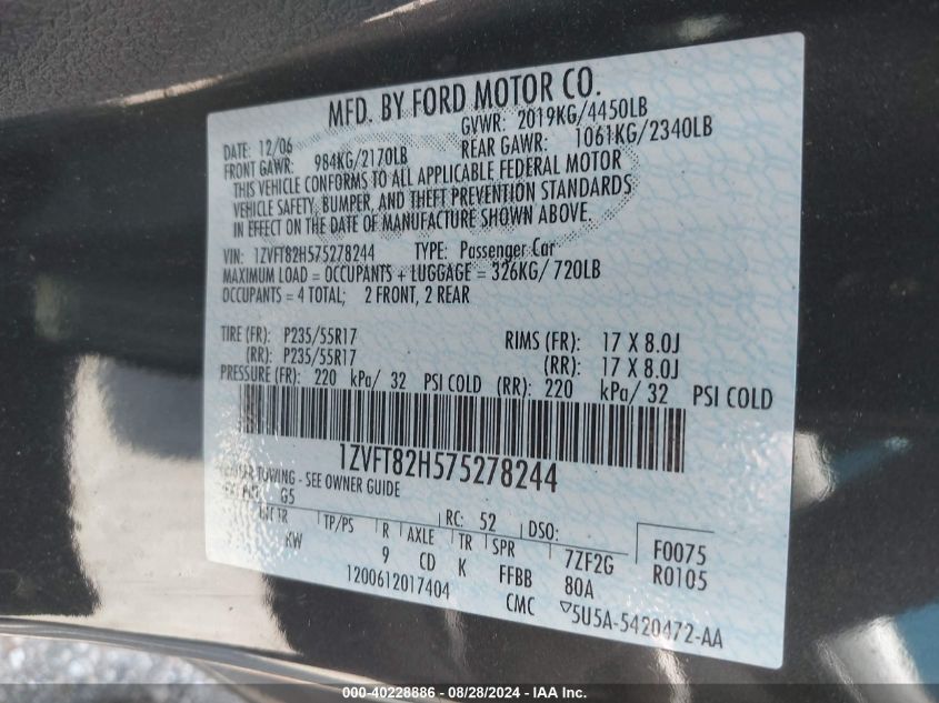 2007 Ford Mustang Gt Deluxe/Gt Premium VIN: 1ZVFT82H575278244 Lot: 40228886