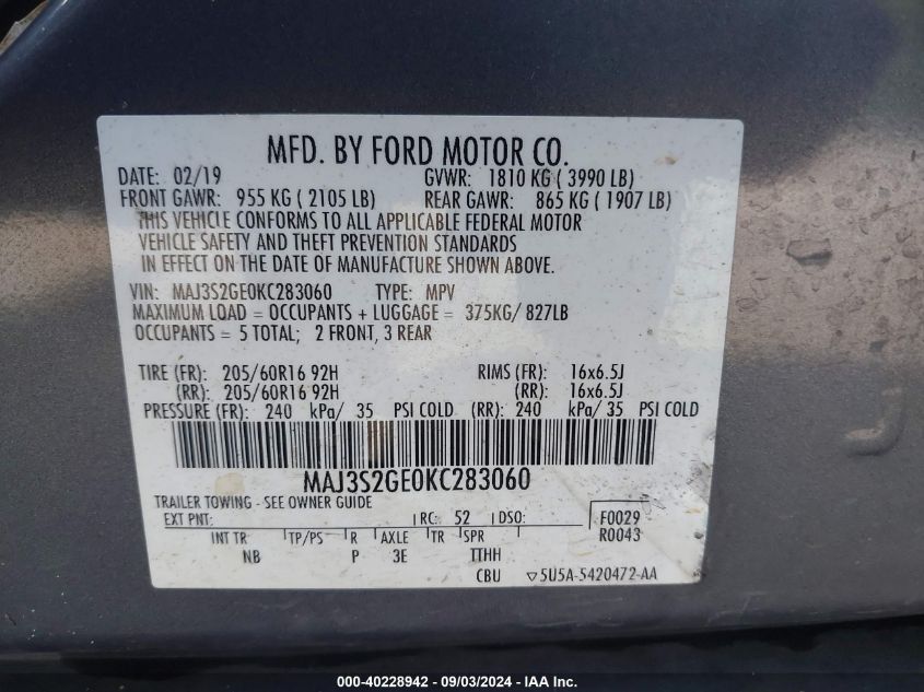 MAJ3S2GE0KC283060 2019 Ford Ecosport Se