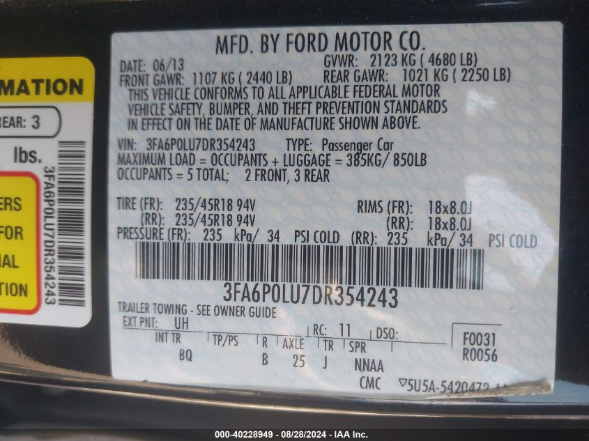 2013 Ford Fusion Hybrid Se VIN: 3FA6P0LU7DR354243 Lot: 40228949