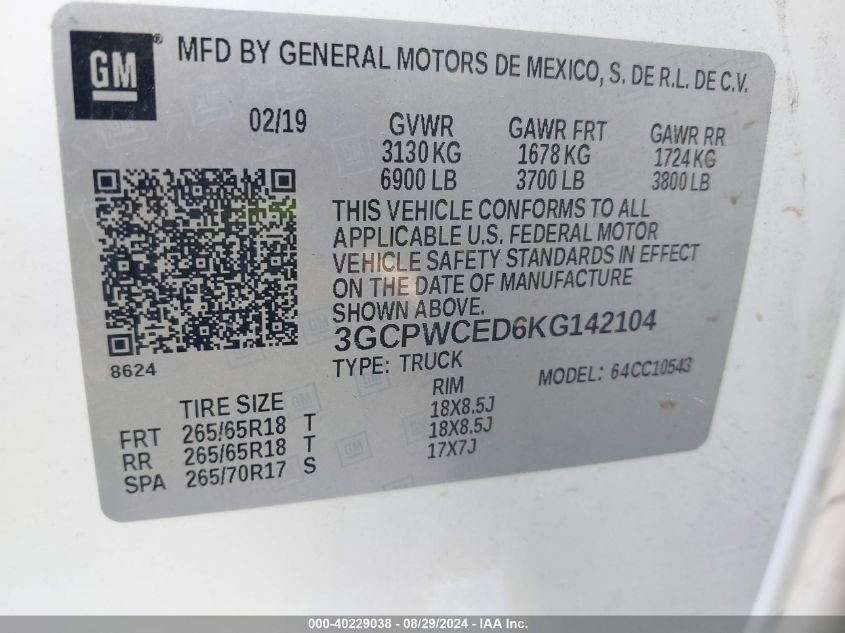 3GCPWCED6KG142104 2019 Chevrolet Silverado 1500 Lt