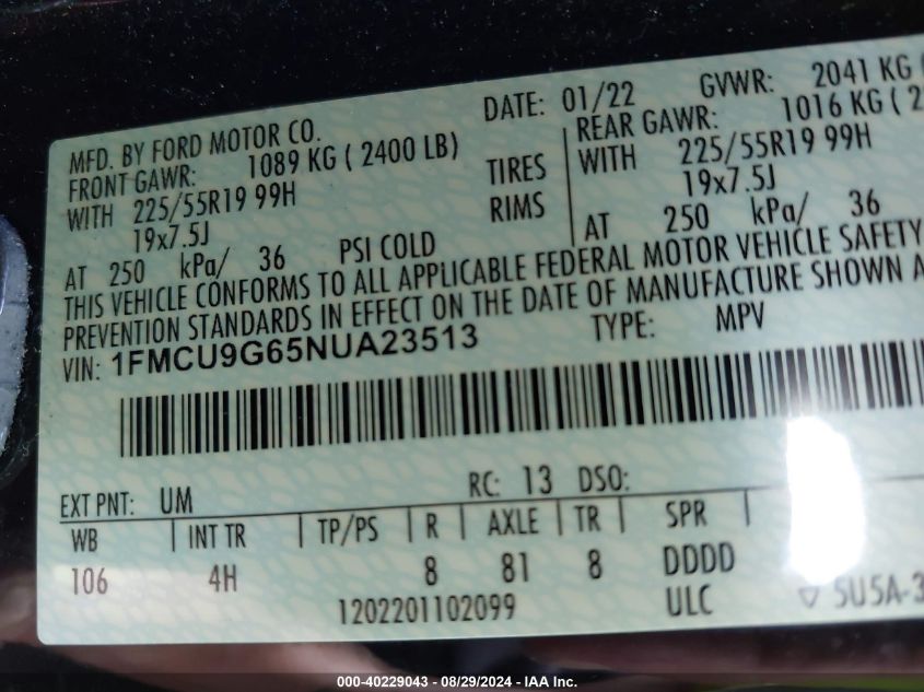 2022 Ford Escape Se VIN: 1FMCU9G65NUA23513 Lot: 40229043