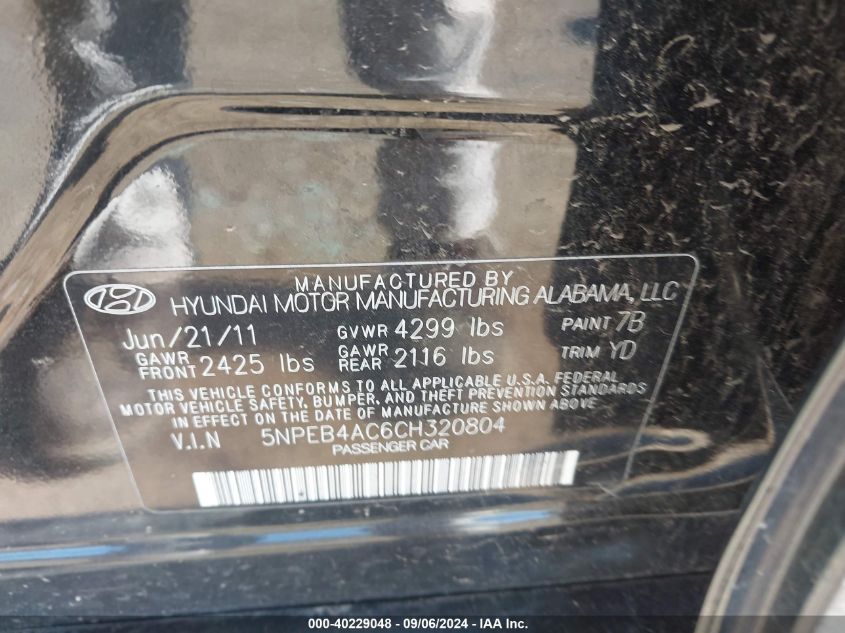 2012 Hyundai Sonata Gls VIN: 05NPEB4AC6CH32080 Lot: 40229048