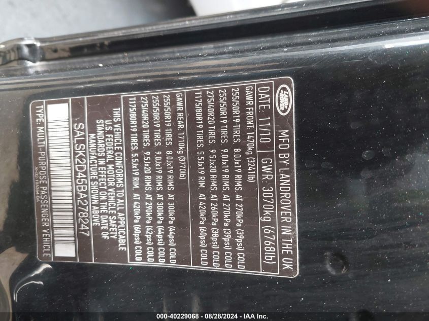 2011 Land Rover Range Rover Sport Hse VIN: SALSK2D45BA278247 Lot: 40229068