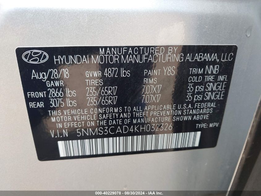 2019 HYUNDAI SANTA FE SEL - 5NMS3CAD4KH032326