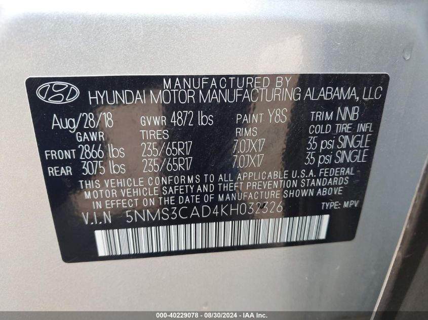 2019 Hyundai Santa Fe Sel VIN: 5NMS3CAD4KH032326 Lot: 40229078