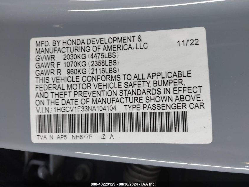 2022 Honda Accord Sport VIN: 1HGCV1F33NA104104 Lot: 40229129