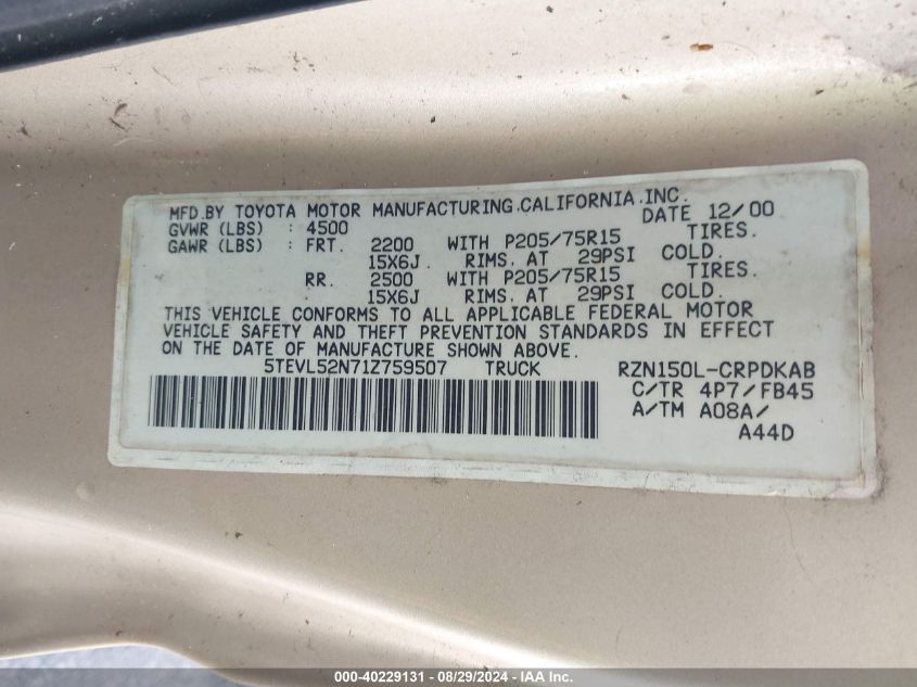 2001 Toyota Tacoma VIN: 5TEVL52N71Z759507 Lot: 40229131