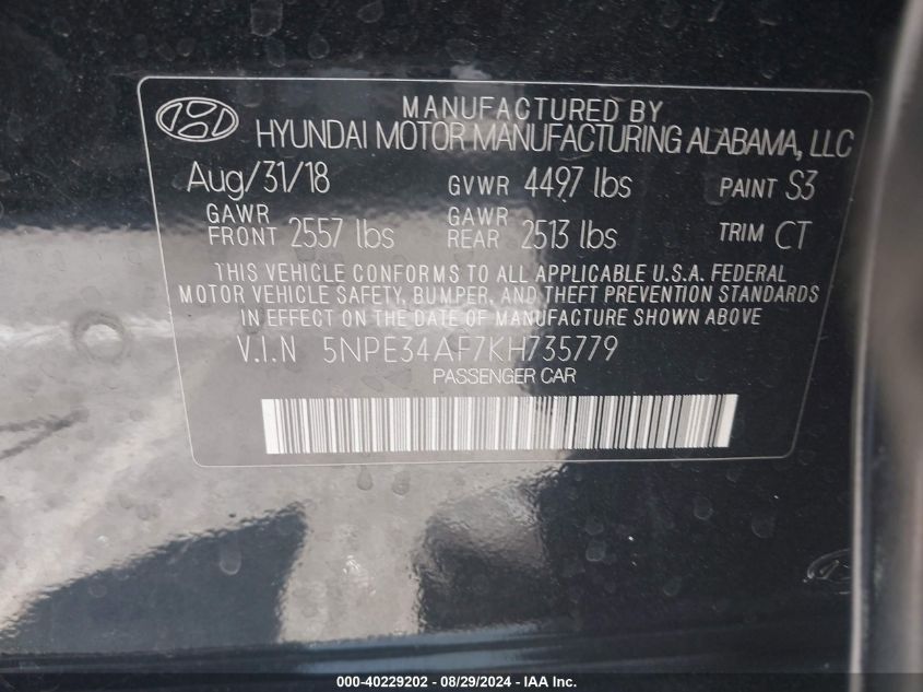 5NPE34AF7KH735779 2019 Hyundai Sonata Limited