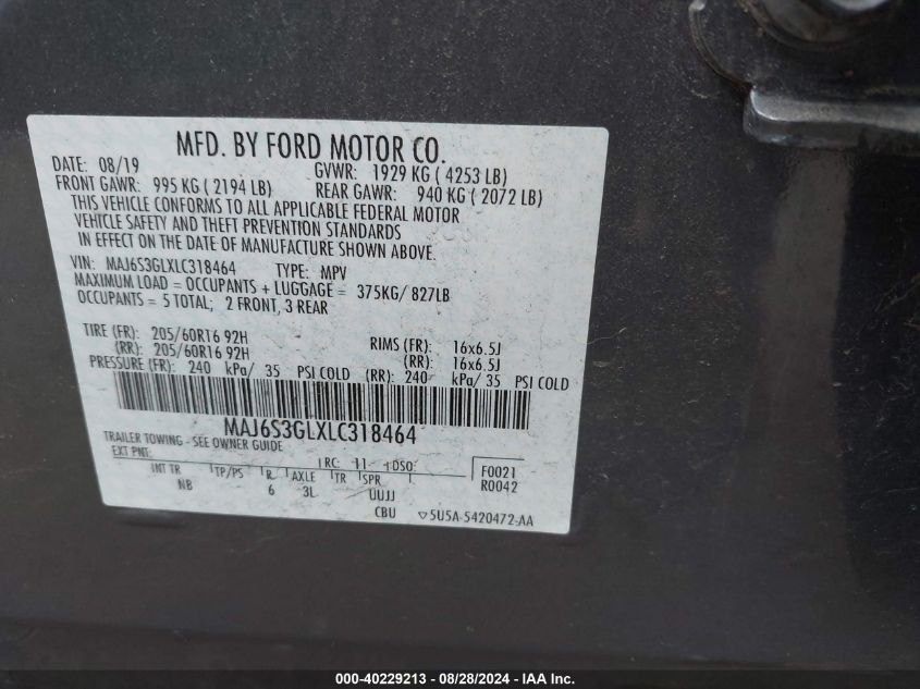 2020 Ford Ecosport Se VIN: MAJ6S3GLXLC318464 Lot: 40229213