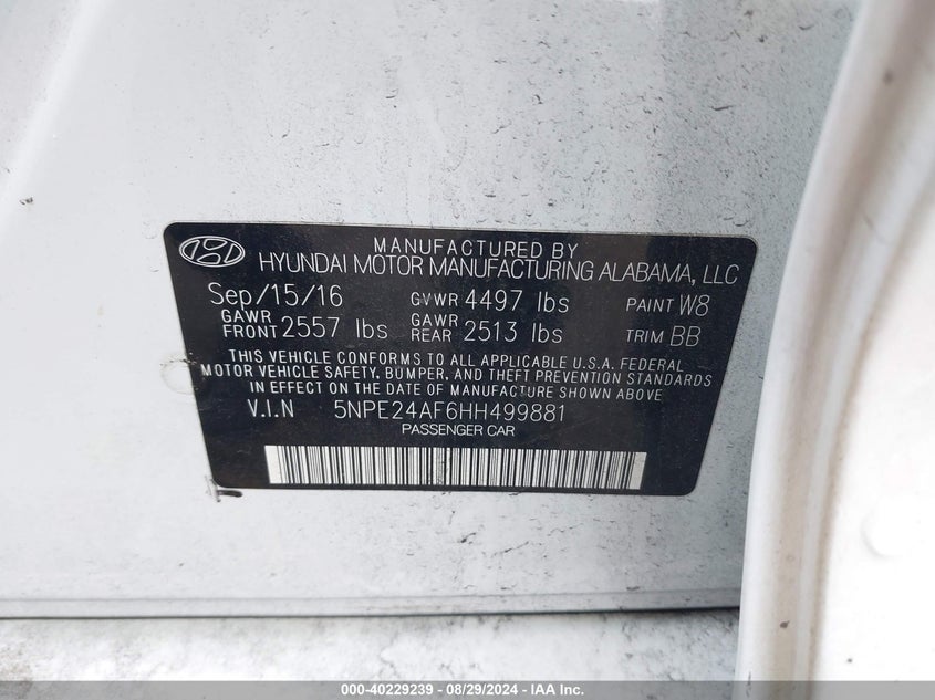 2017 HYUNDAI SONATA VIN: 5NPE24AF6HH499881